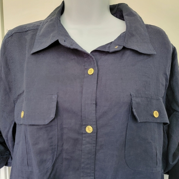 Jessica London Linen Blend Women's Roll Tab Navy Blue Gold Anchor Button Down 14 - Picture 4 of 12
